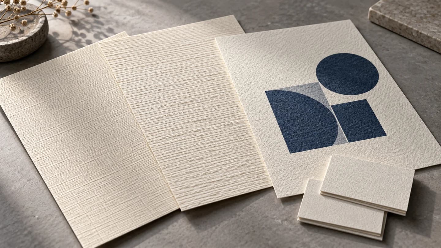 Ivory textured paper samples and a blue print test on a studio table