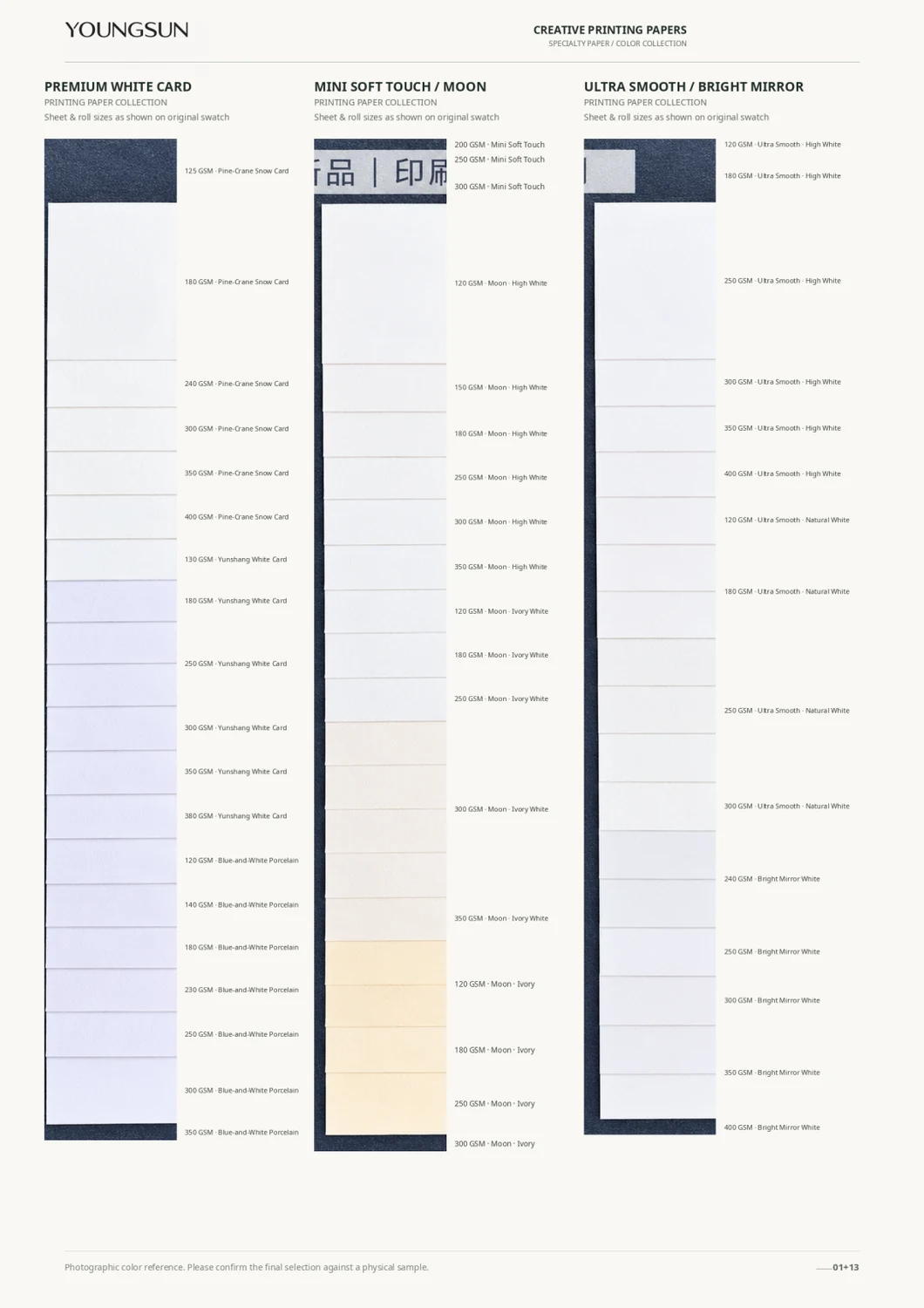 Pine And Crane White Card + Yunshang White Card + Blue And White Porcelain Paper + Mini Soft Touch Paper + Moon White Paper + Premium Ultra-Smooth Paper + Bright White Mirror Paper sample page