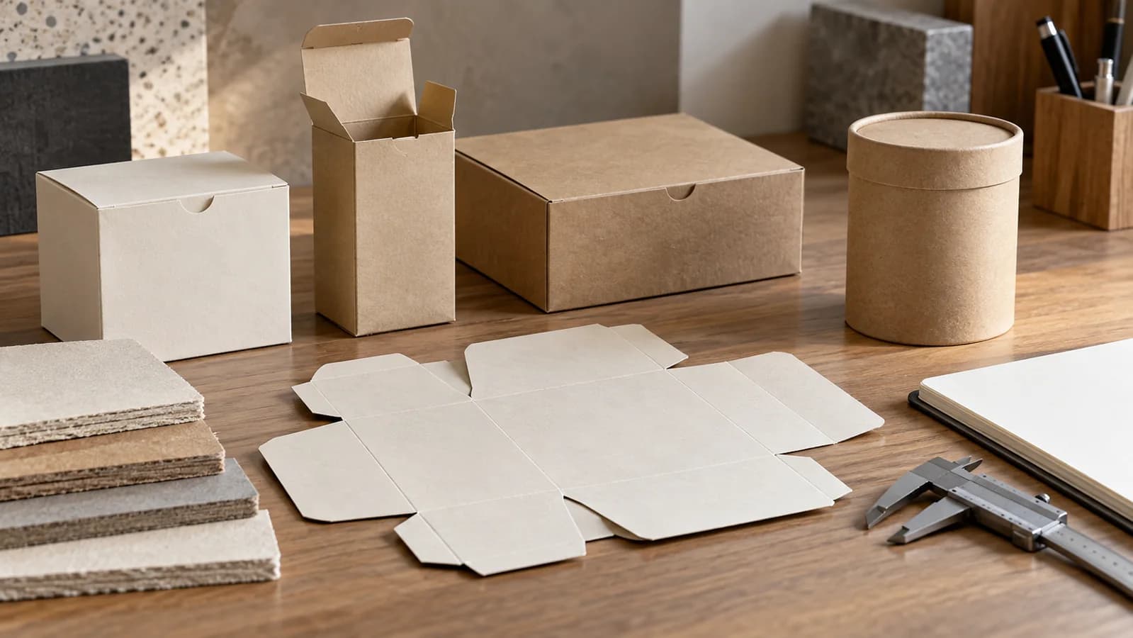 Unbranded paperboard cartons, a kraft paper can and material swatches on a procurement review desk